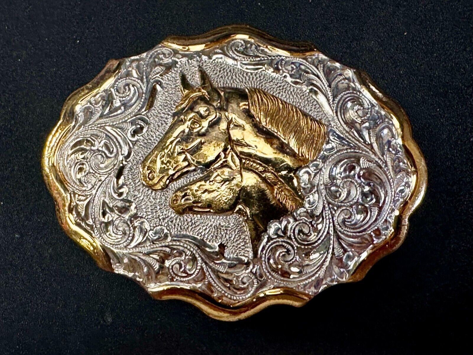 Two Horse Heads Beautiful  Ornate Rodeo Cowboy Two Tone Belt Buckle by Crumrine