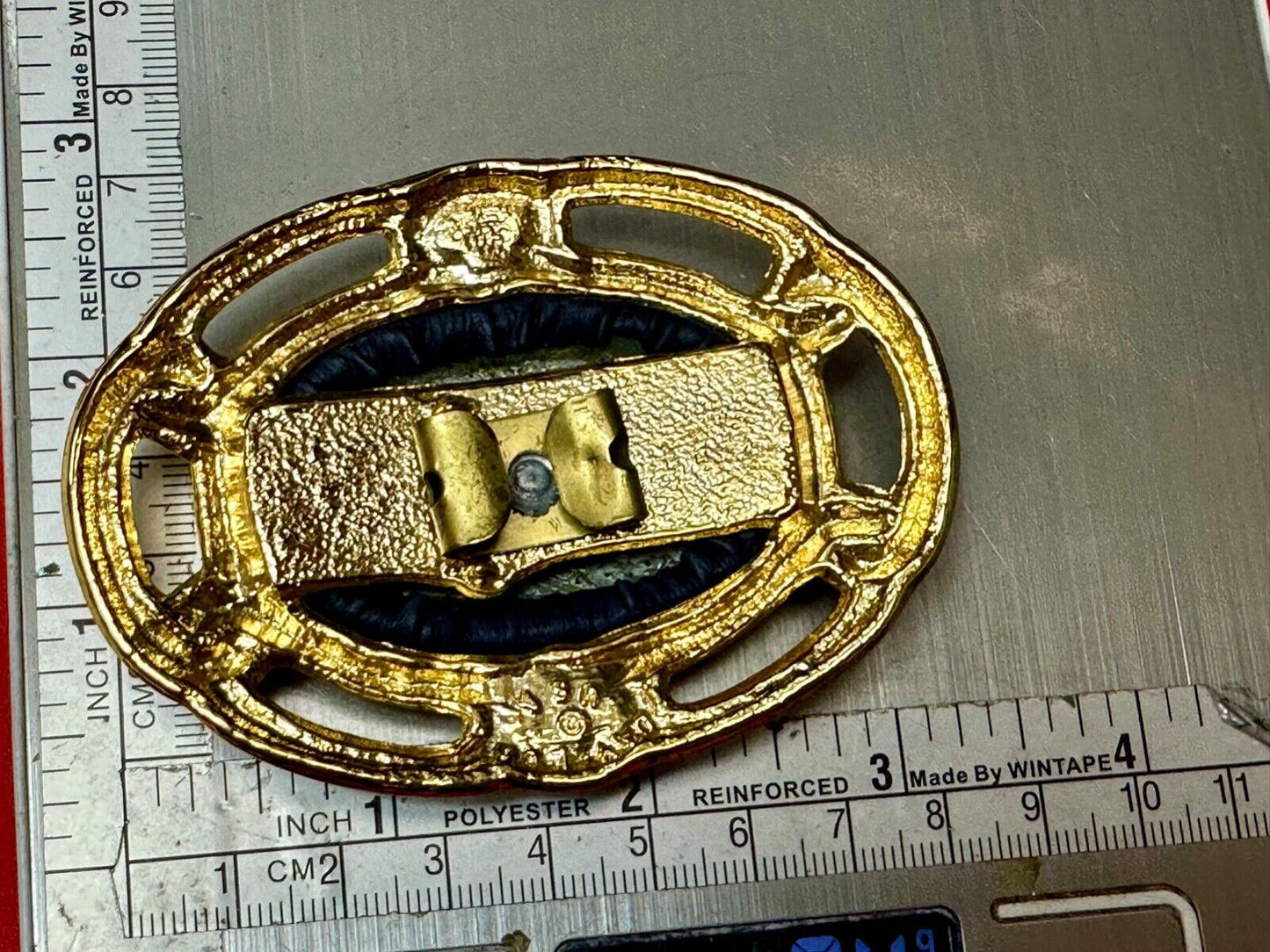 Vintage  LARGE signed Day Lor Black leather raised center-  gold tone belt buck