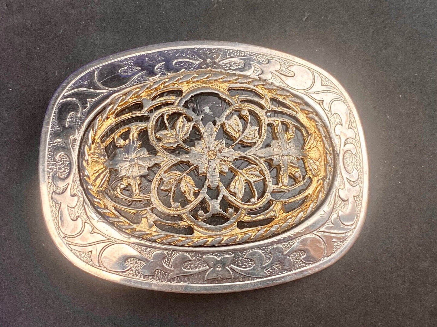 Victorian? Looking / feel - see through wire mixed metal vintage 4" belt buckle 