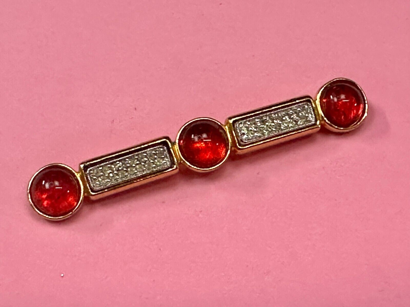 Three Red Round Glass? Vintage Gold Tone Bar Brooch Pin Signed by Ben-Amun