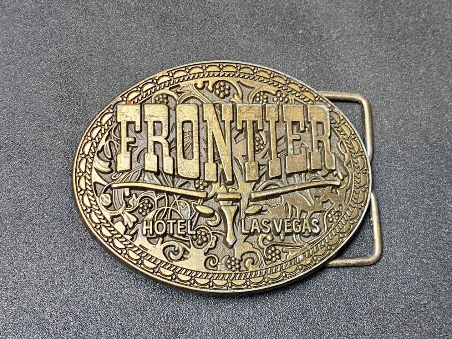 Vintage  Frontier Hotel Old Las Vegas Belt Buckle Casino Nevada Western Longhorn