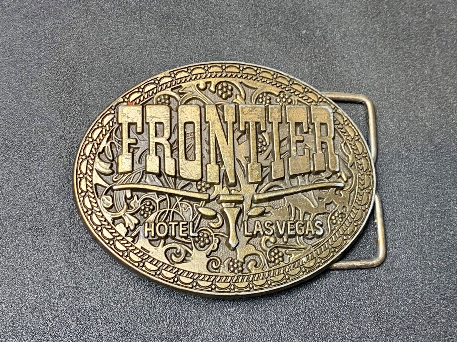 Vintage  Frontier Hotel Old Las Vegas Belt Buckle Casino Nevada Western Longhorn
