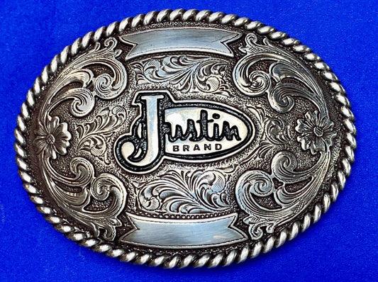 Vintage Justin Cowboys ornate flower swirl Belt Buckle with blank trophy scroll