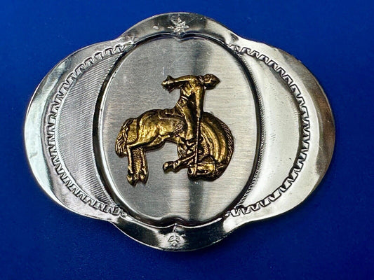 Vintage Cowboy Saddle Bronc western two tone unique shaped belt buckle