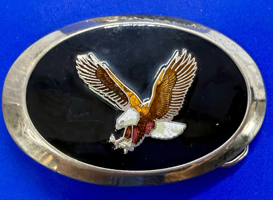 American Bald Eagle Flying Hunting Claws Black Enameled Western Oval Belt Buckle