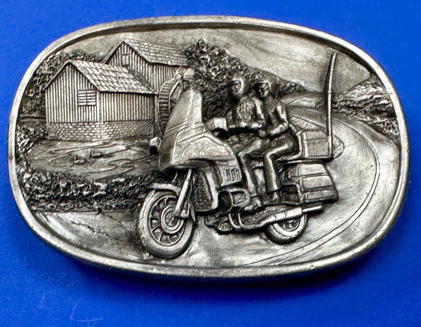 Biker Couple riding on Motorcycle  Vintage 1984 Bergamot belt buckle  L-49 1