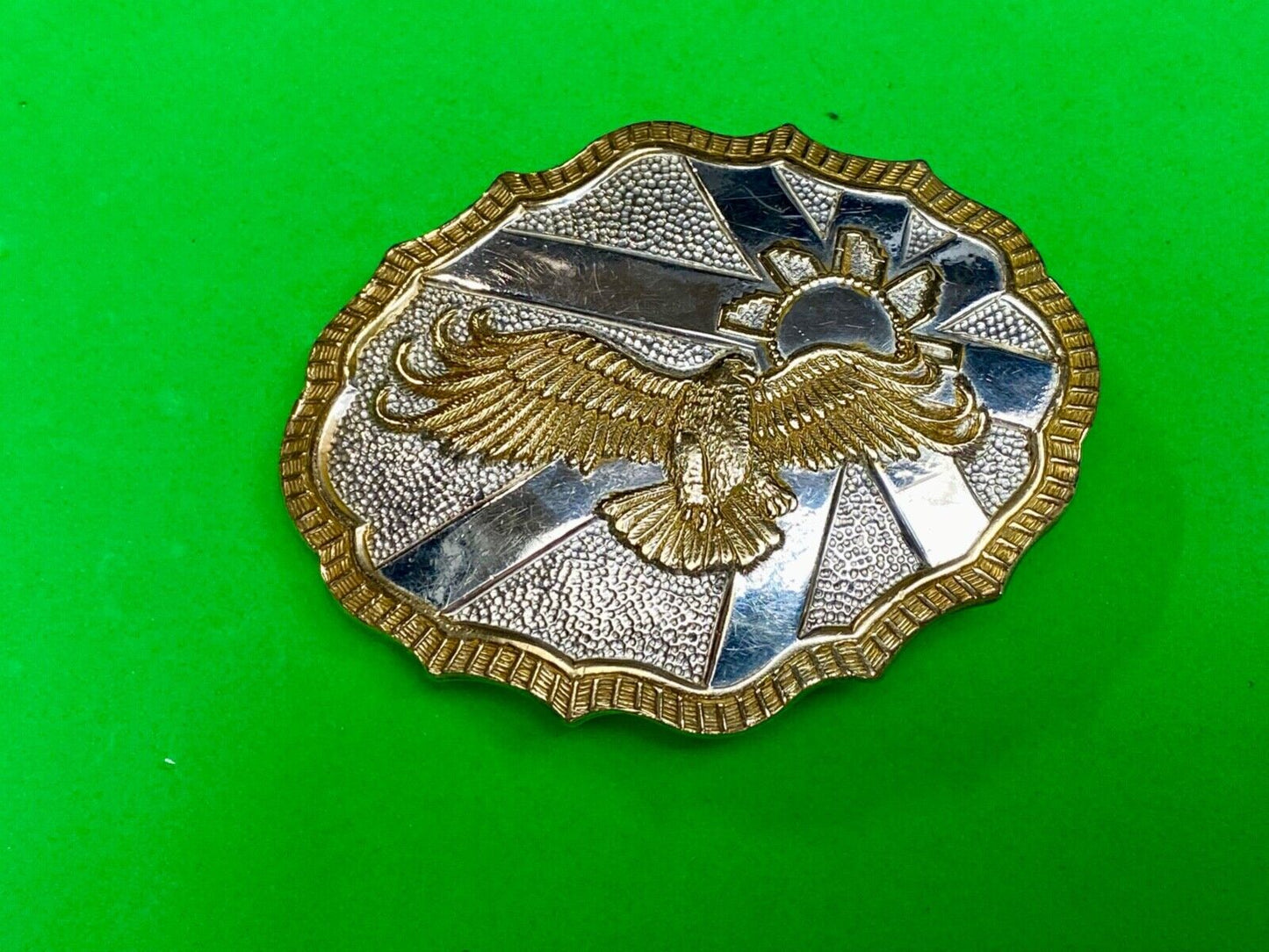 Vintage Crumrine Two tone Hunting American Bald Eagle in Flight belt buckle