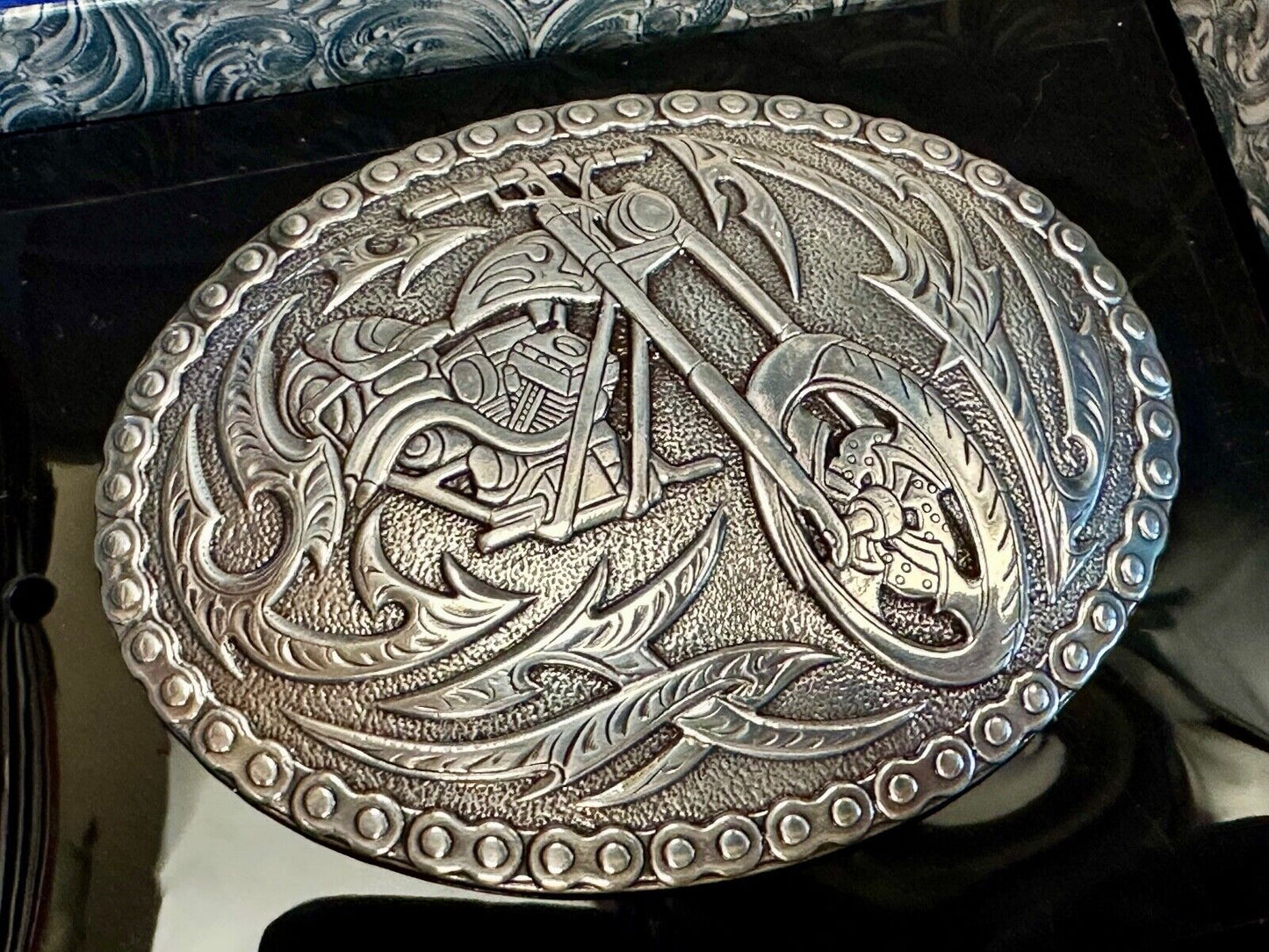 Biker Motorcycle Chopper Designed silver tone oval Crumrine Belt Buckle in box
