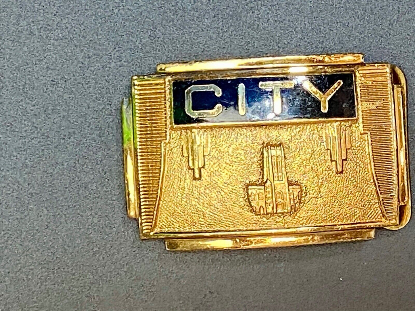 1930's CITY picture & words, Gold and Black color formal belt buckle by Jenkins 