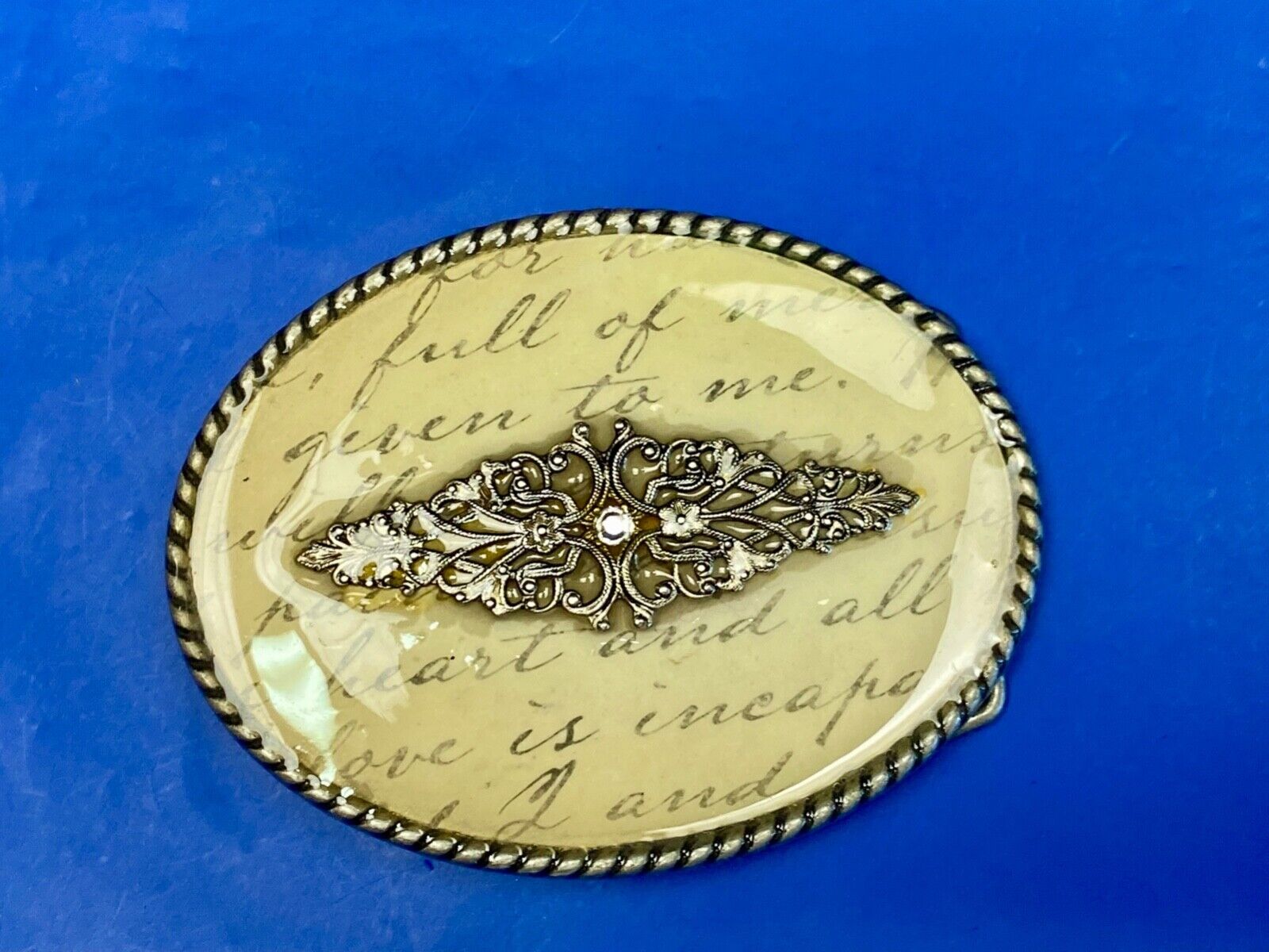 Vintage Ivan Oval Words Poem Belt Buckle With Gold Tone Centerpiece Belt Buckle
