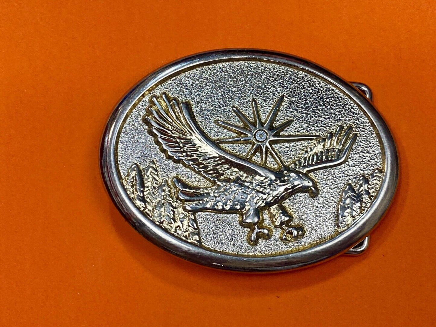 Vintage Eagle Flying Over Mountains With Sunburst two tone belt buckle