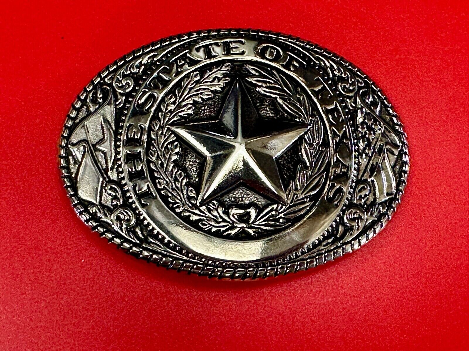 The Great State of Texas - Lone Star Flags seal silver tone NOS belt buckle