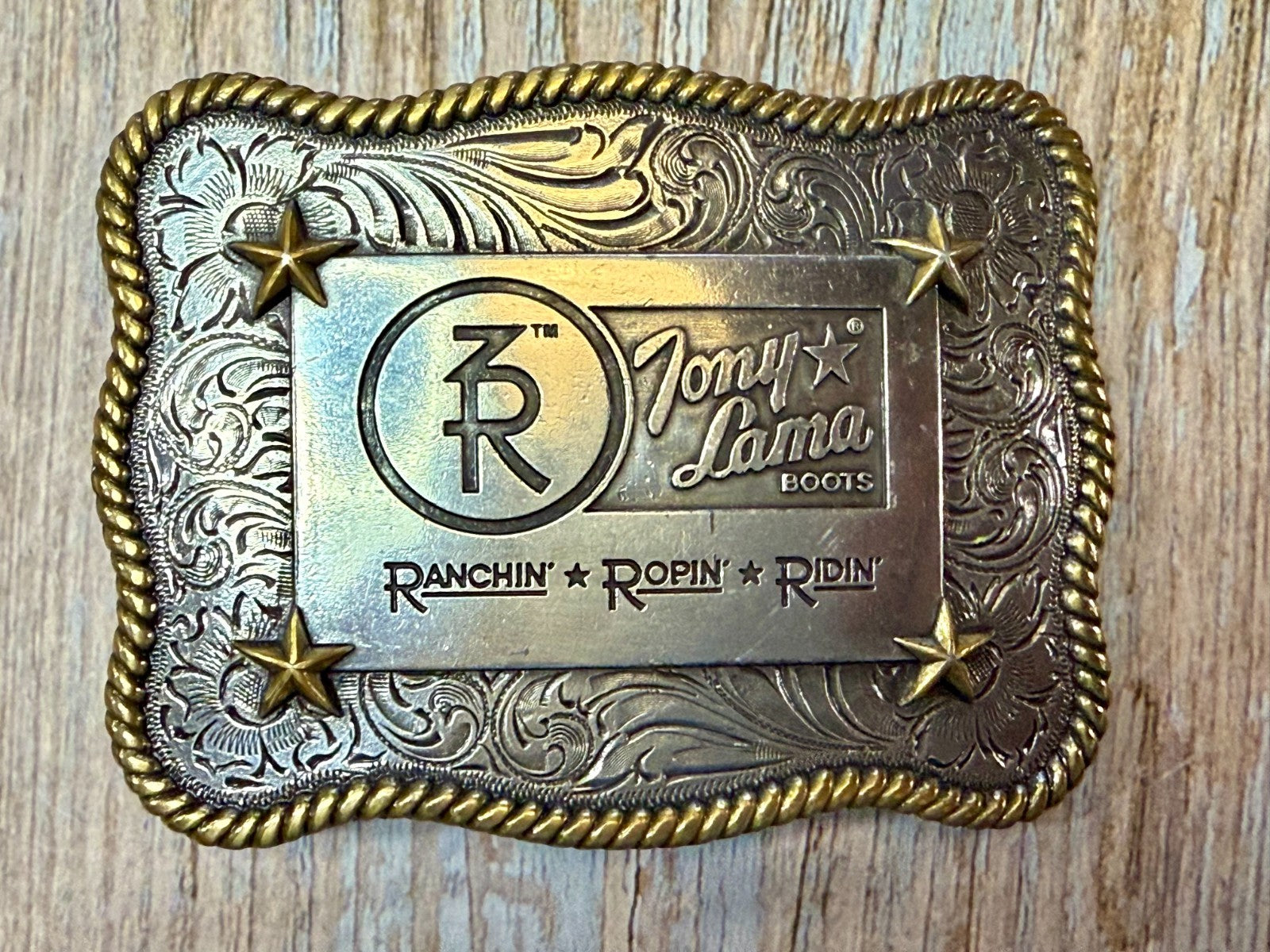 3R Ranch Ropin Ridin Gold Silver Tone Promotional Western Tony Lama Belt Buckle