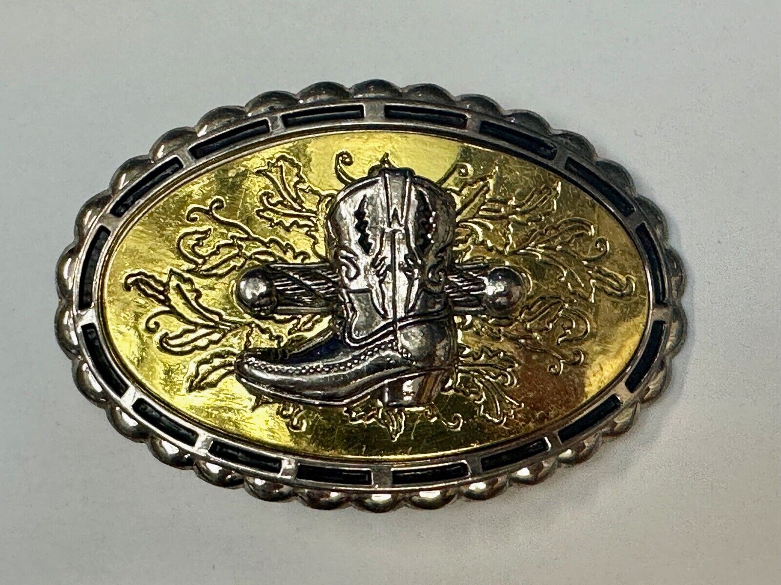 Unique Single Cowboy Boot - vintage yellow background western belt buckle