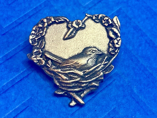 Bird Lovers! Birds & Blooms Heart Shaped Nest Pewter Brooch Pin 2004