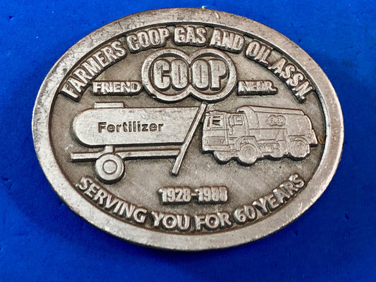  VINTAGE 1980's  **FARMERS COOP GAS & OIL ASSN. 60 YEARS** OILFIELD BUCKLE
