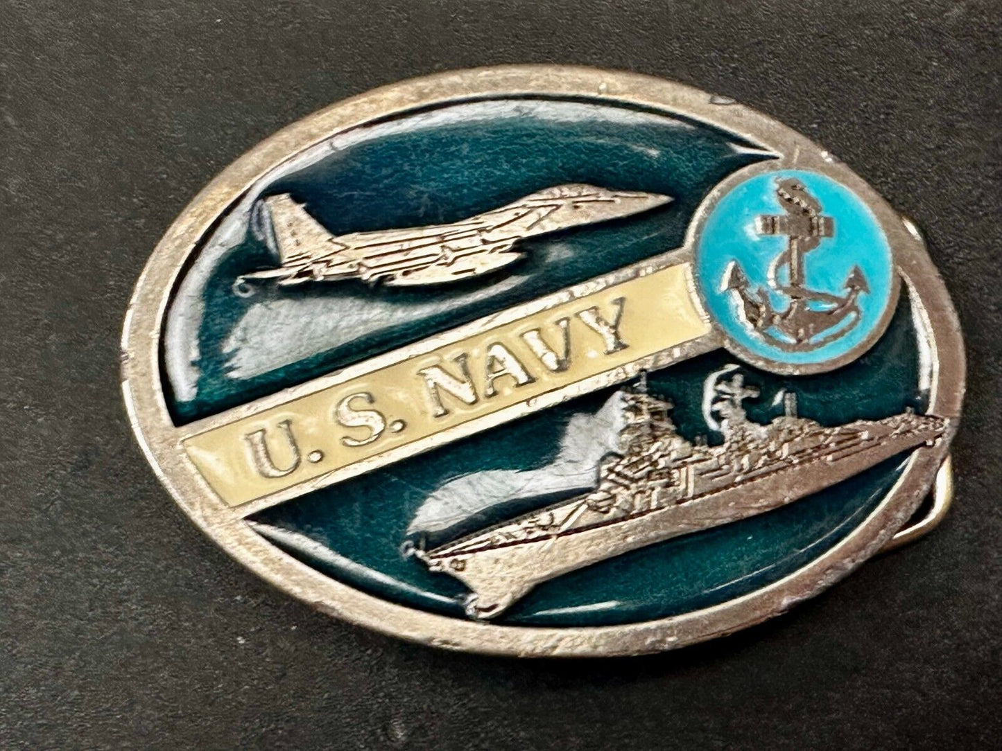 US Navy Fighter Jet Battleship Blue Anchor Vintage 3" Wide Belt Buckle #2260