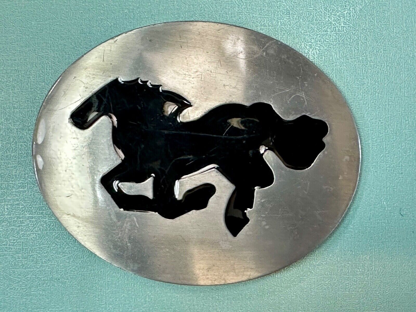 Abstract black Horse abstract Running Mustang in sleek silver color belt buckle