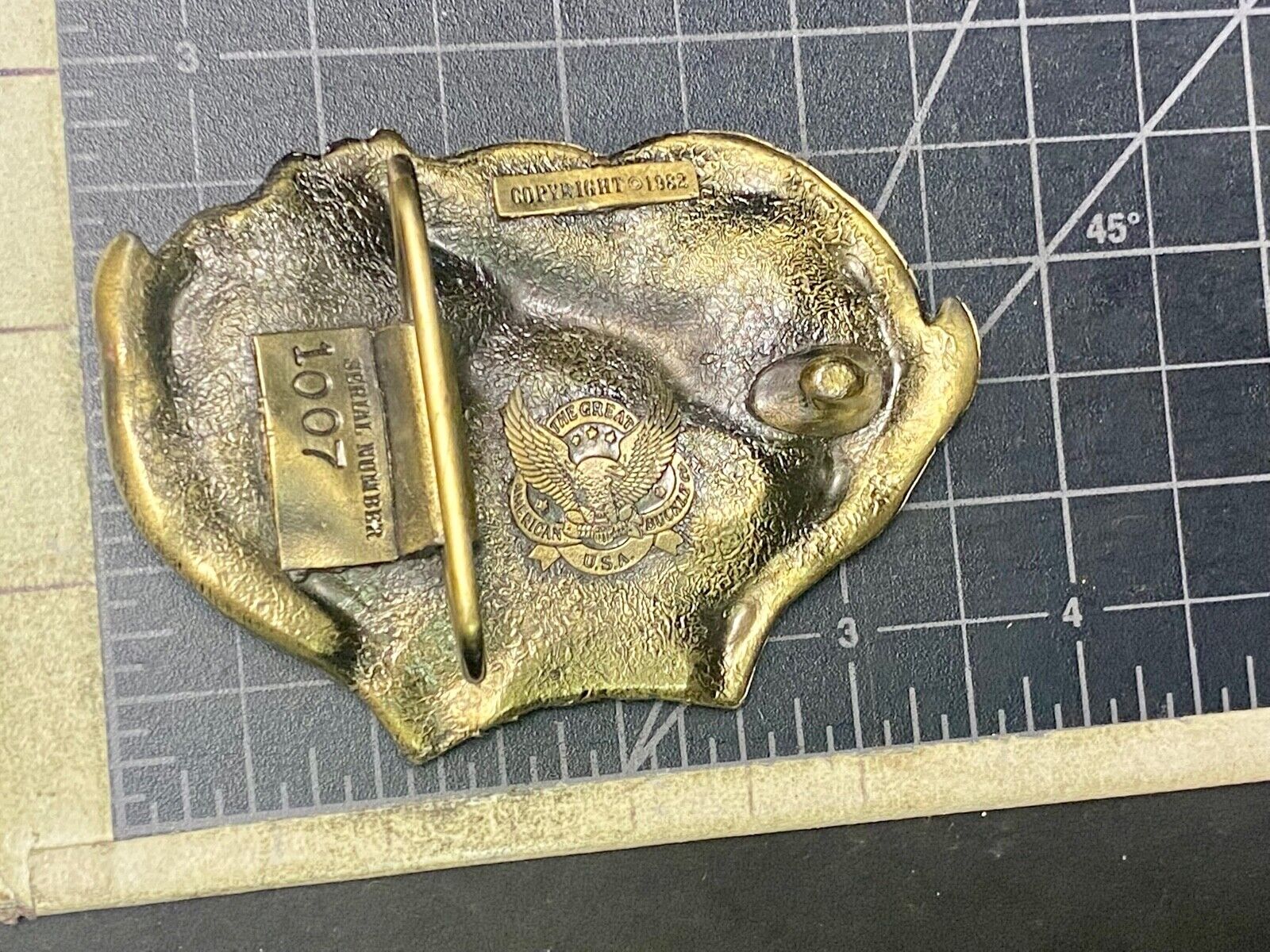 3D Buck Deer & Doe in woods - Vintage Belt Buckle 1982 Great American Buckle Co.