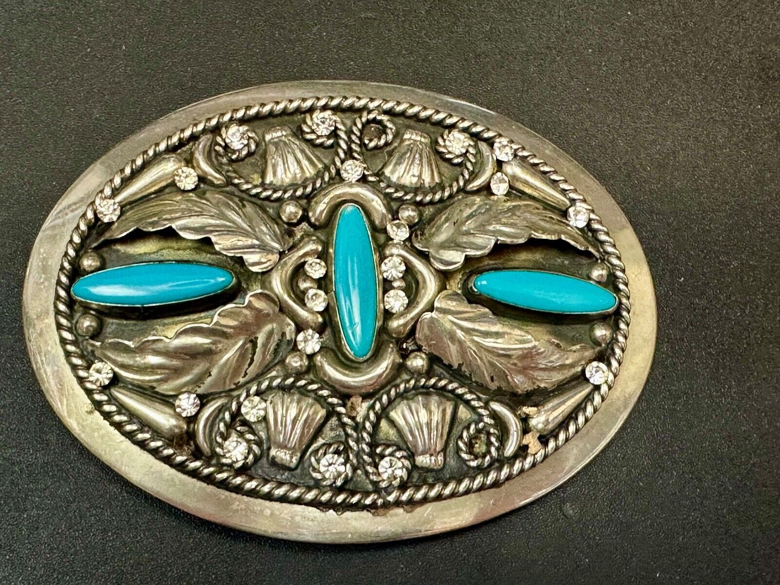 Vintage Faux Turquoise and Feather's Beautiful Alpaca Mexico Stamped Belt Buckle