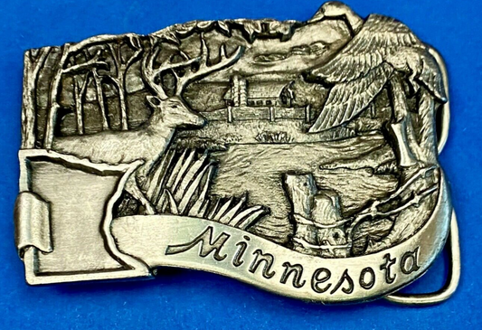 Vintage 1982 Minnesota Beautiful State Deer River Belt Buckle By Siskiyou