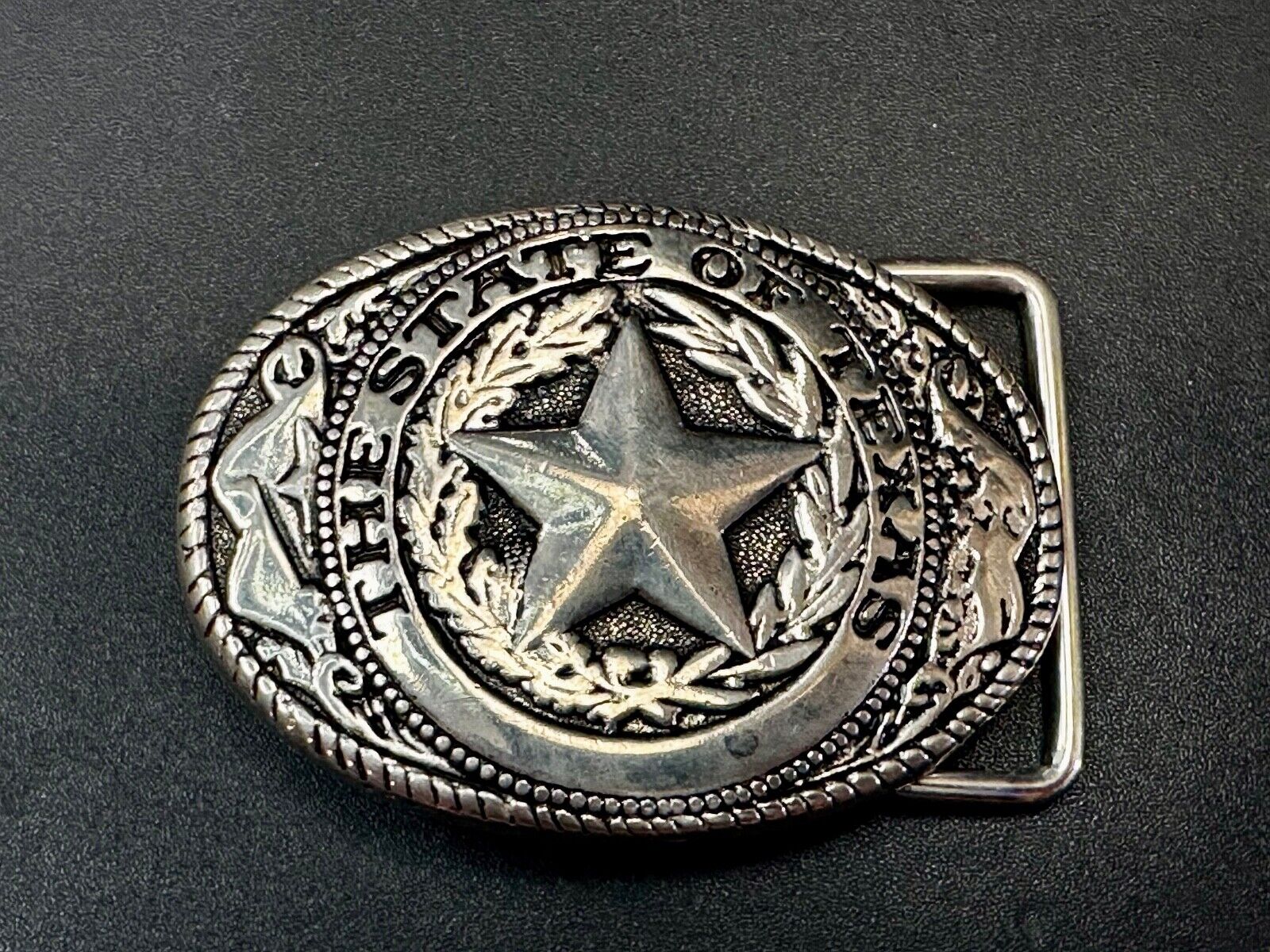 The Great State of Texas Star Flag Theme Vintage Silver tone western Belt Buckle