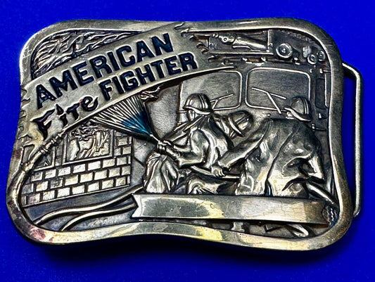 American Firefighters at work putting out fire Vintage 1981 Baron Belt Buckle