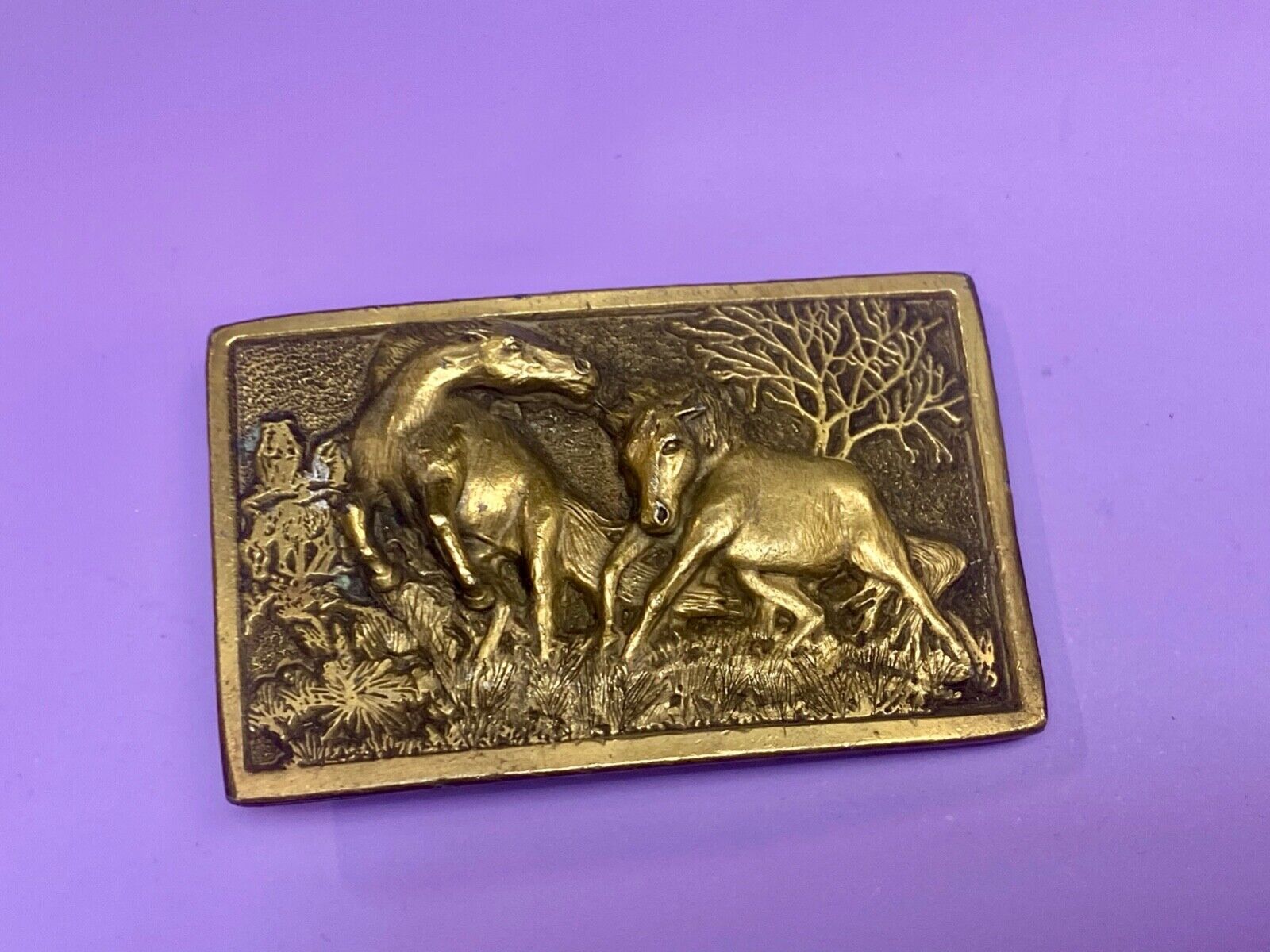 Adezy Horses belt buckle carved by Paula Freed Vintage 1978 Nature belt buckle