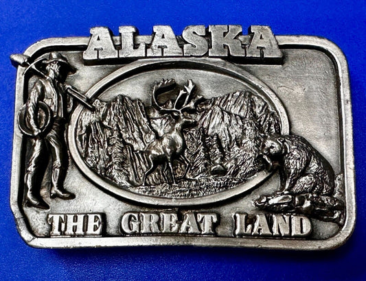 Alaska The Great Land -  Last Frontier State 1980's Siskiyou Pewter Belt Buckle