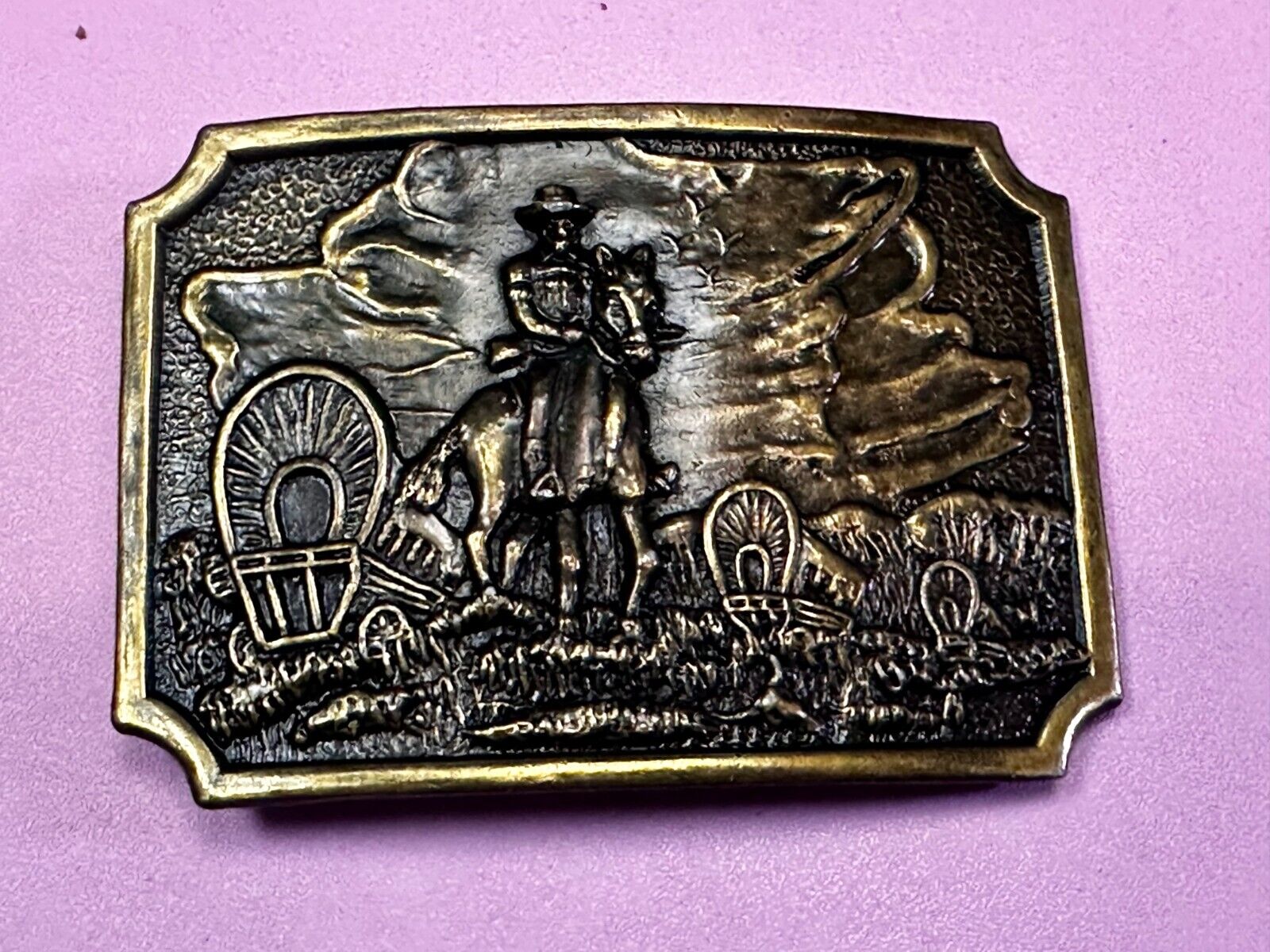 Tall In The Saddle Western Cowboy Leading Wagon Train Vintage ART Belt Buckle