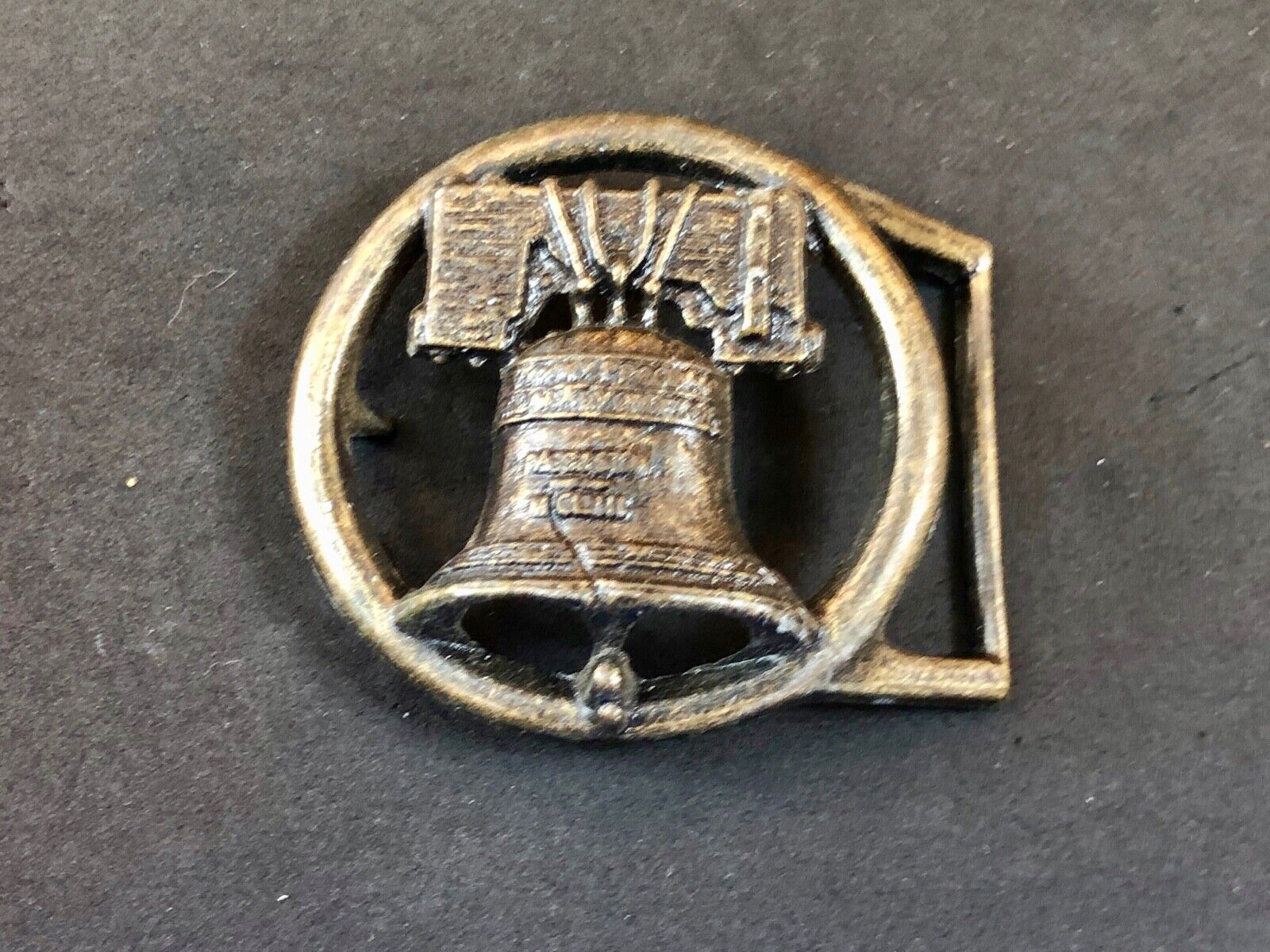 Vintage Figural Cut out Round Skeleton Liberty Bell Belt Buckle 