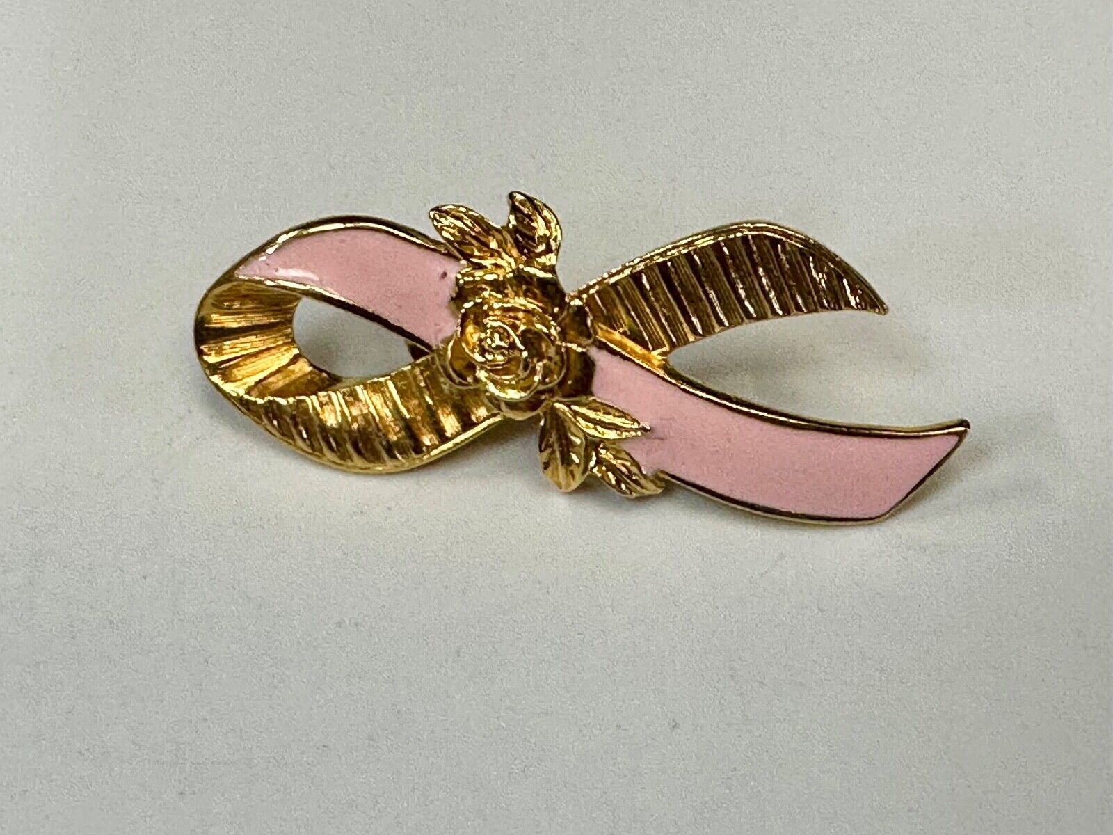 Avon Gold Tone Pink Enamel Ribbon Breast Cancer Awareness Brooch Pin 2"