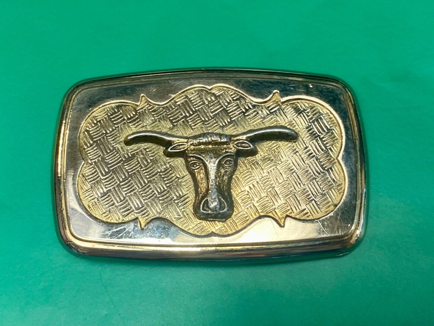 Vintage gold tone Texas Longhorn Steer mesh background western belt buckle