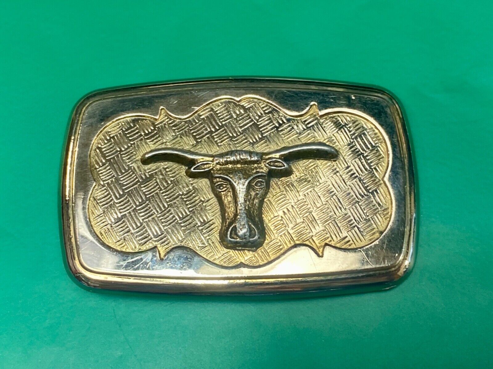 Vintage gold tone Texas Longhorn Steer mesh background western belt buckle