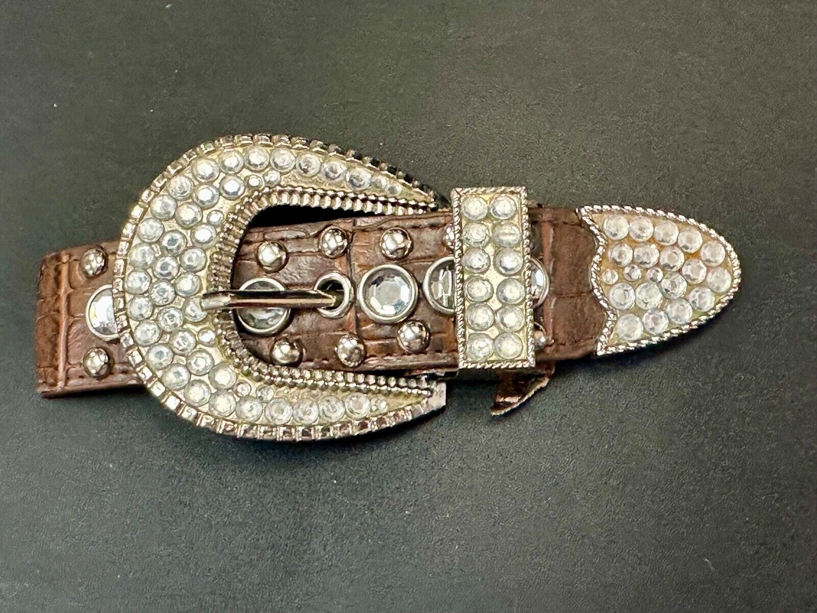 Three Piece western silver tone rhinestone ranger set belt buckle tip & keeper