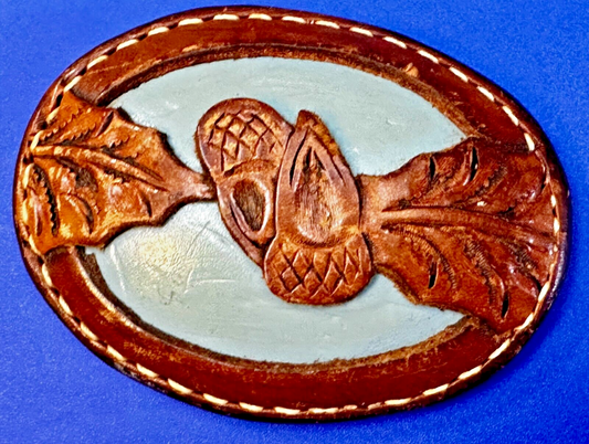 Artisan Hand-Stitched Acorn Leaf Brown Leather 4" Large Unique Belt Buckle