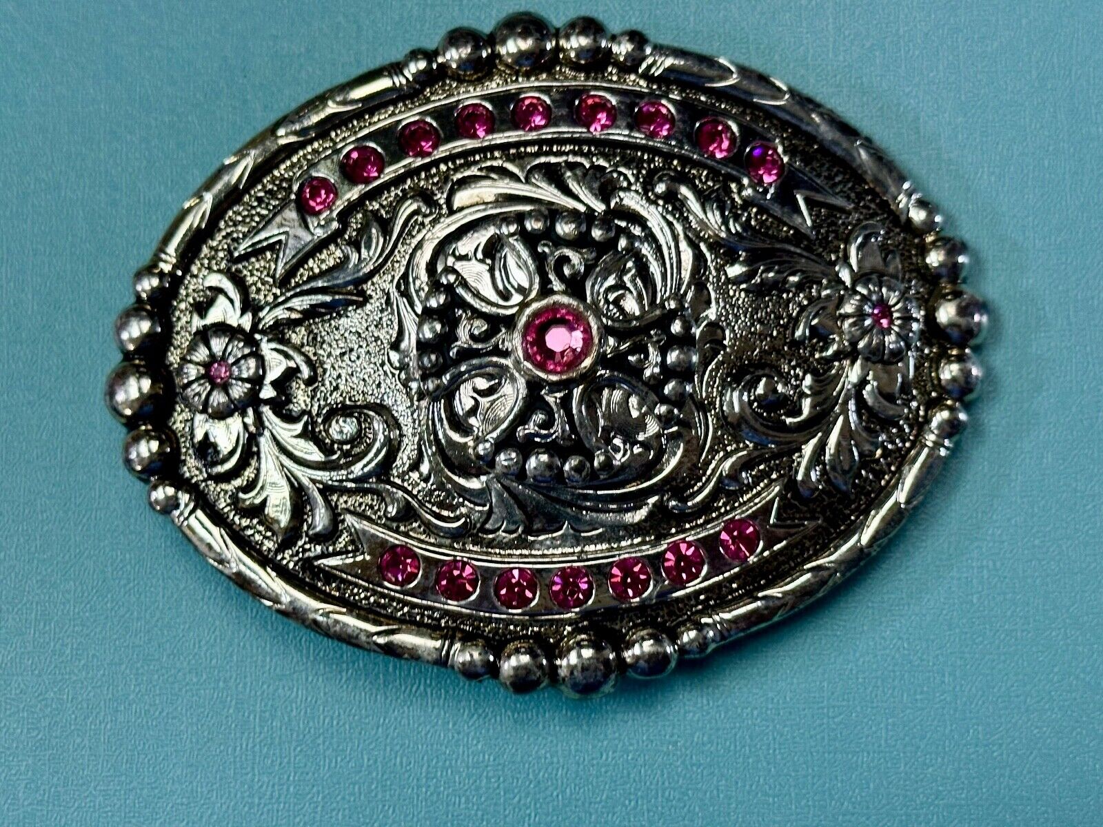 Authentic Silver plated pewter belt buckle with cowgirls girly pink rhinestones!