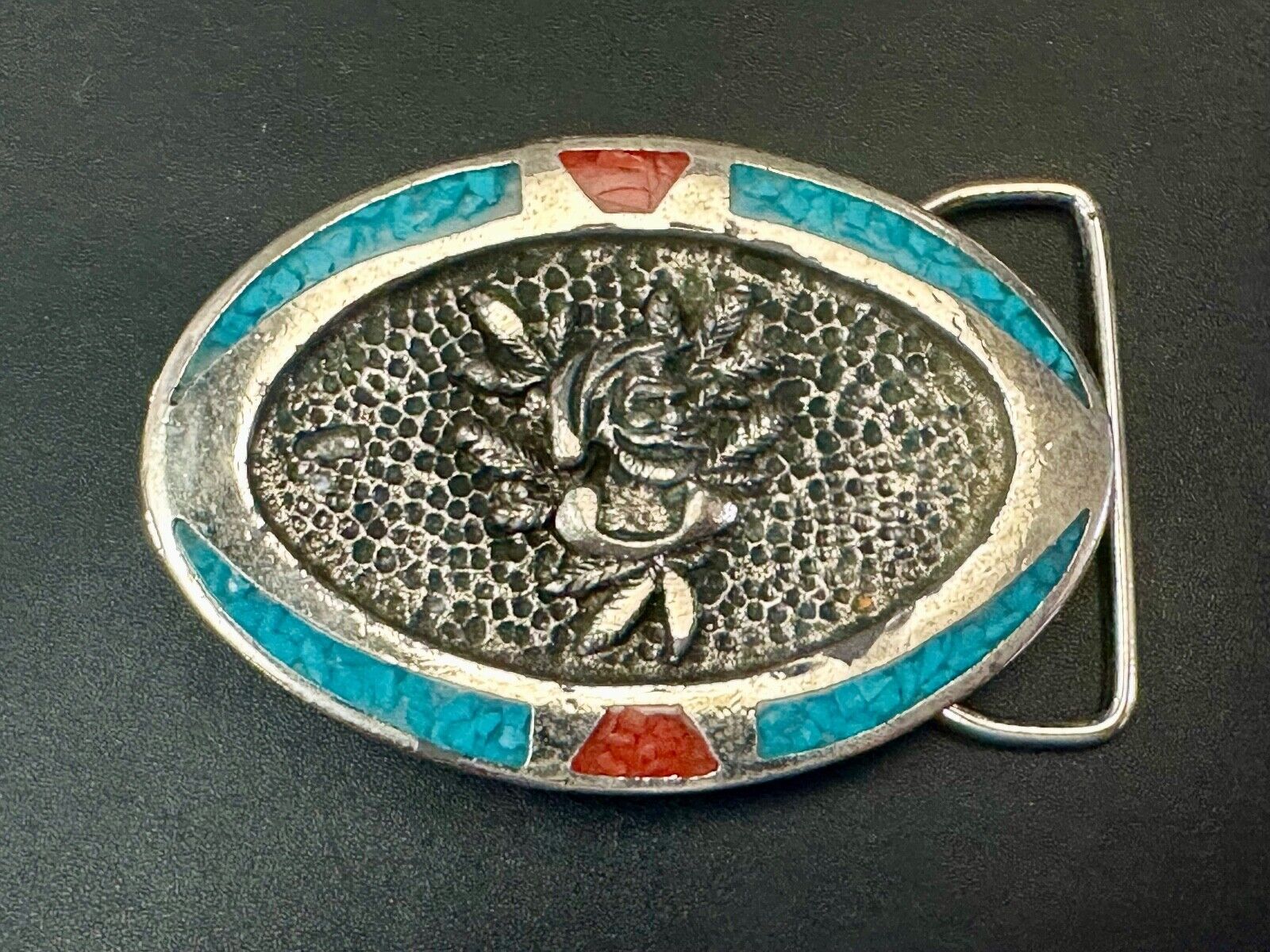 Beautiful ROSE flower Crushed Turquoise and Coral chip Boarder belt buckle by TT