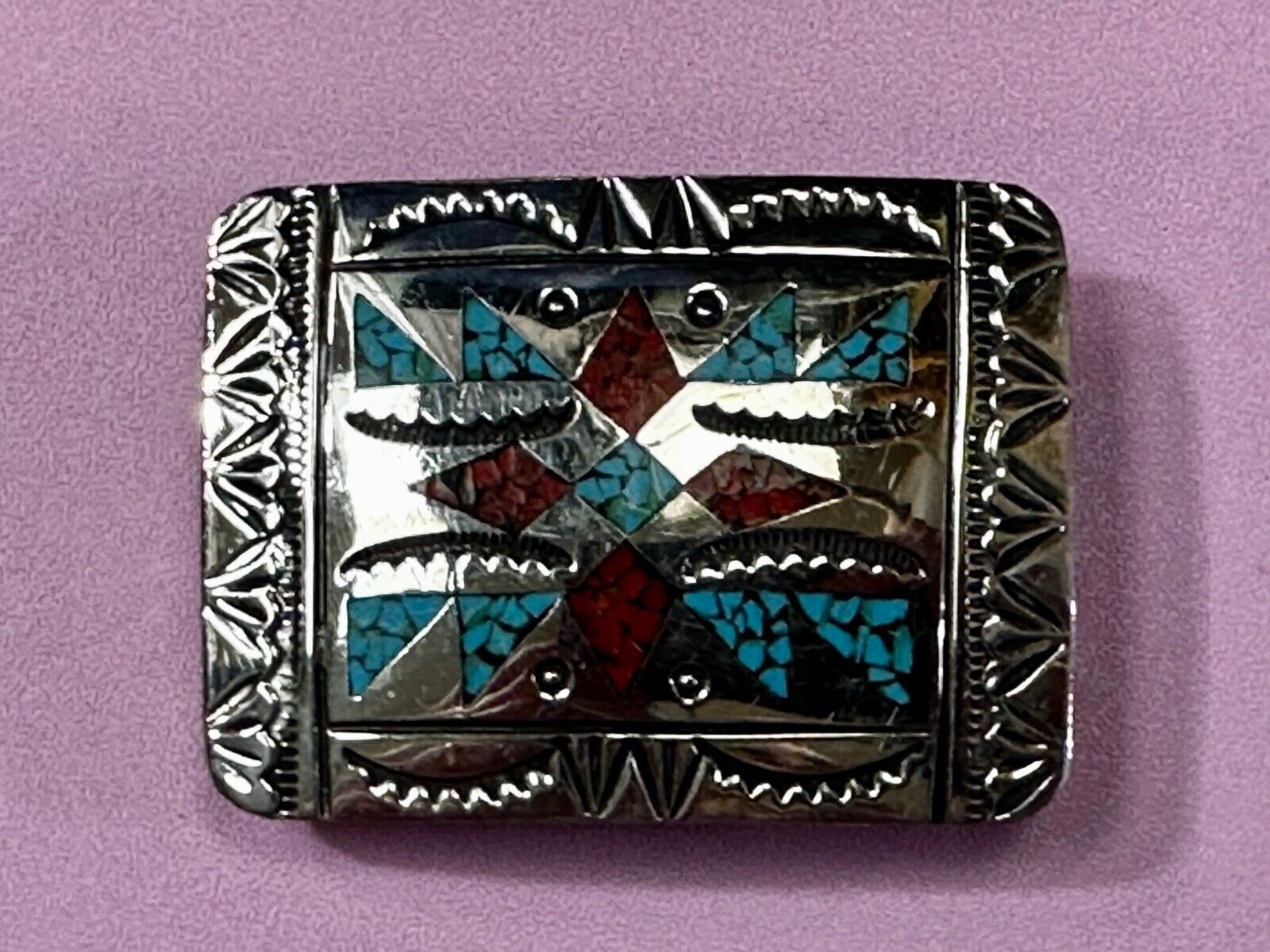 Turquoise & Coral Navajo / Native American Style Artisan 2" Belt Buckle