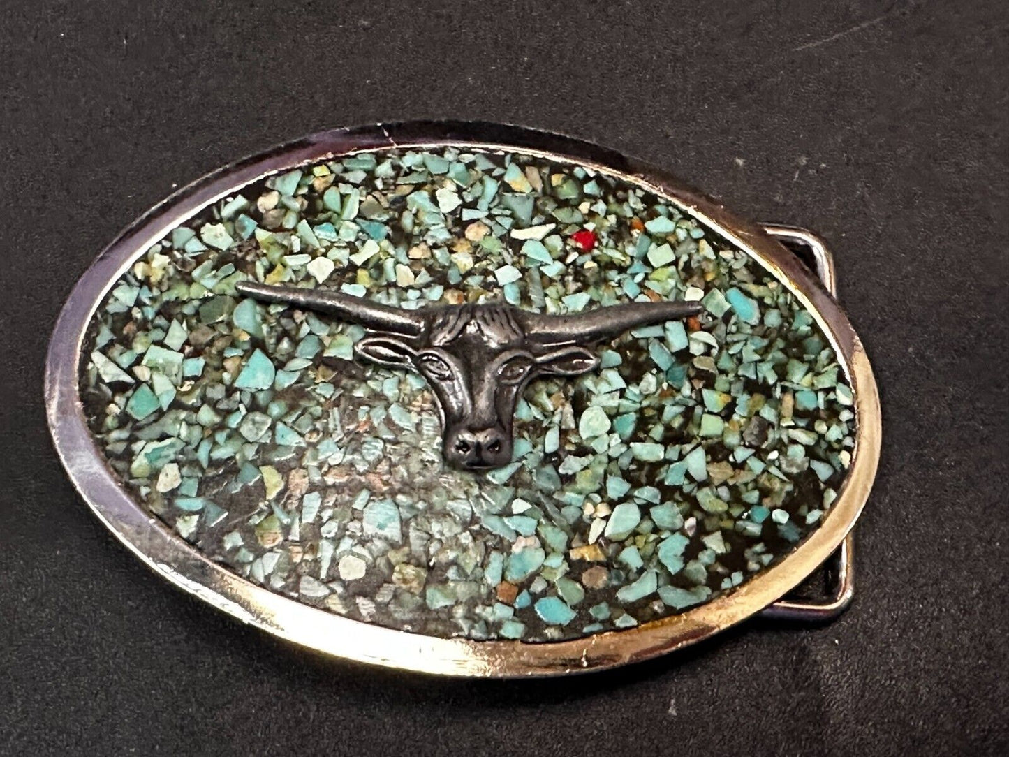 Turquoise chip inlaid Cowboys Cowgirls Longhorn Rodeo Cow Steer Oval Belt Buckle