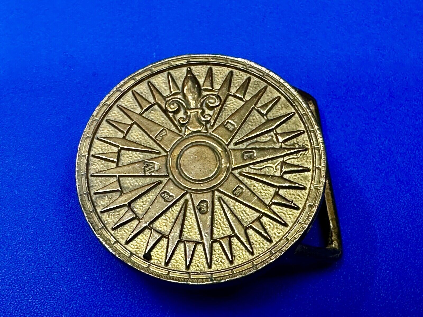 Artist Signed Fleur De Lis Compass Sun Dial Hippie Boho Solid Brass Belt Buckle