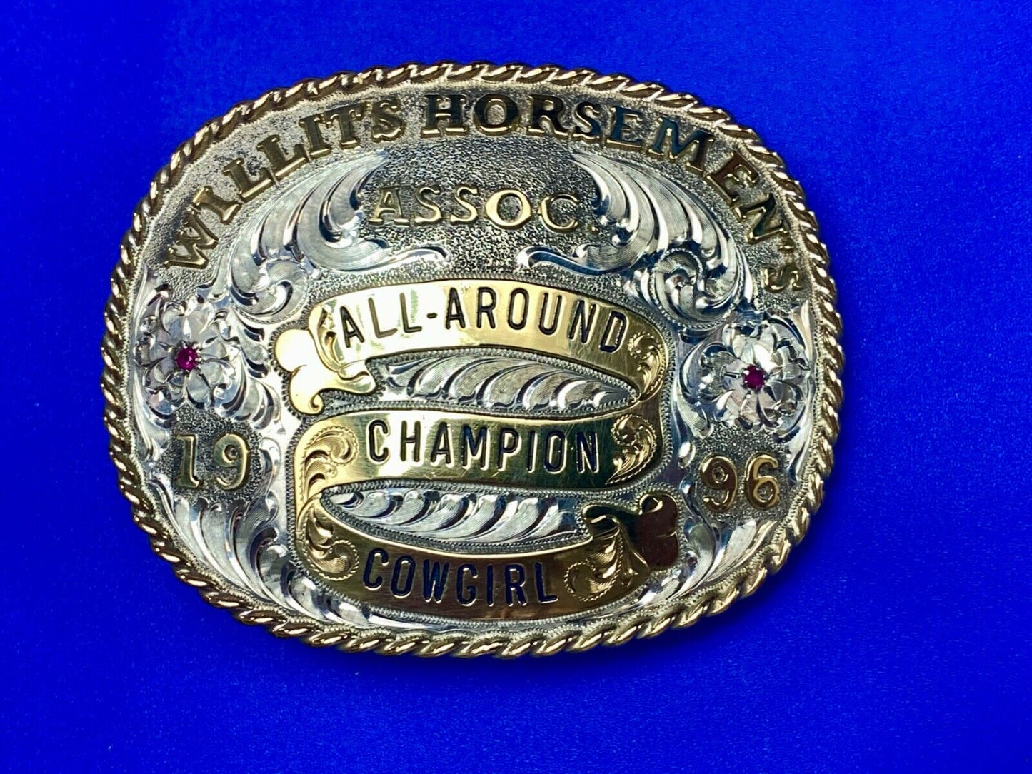 All Around Champion Cowgirl Willits Horsemen's Assoc 96 Trophy belt buckle by Gj