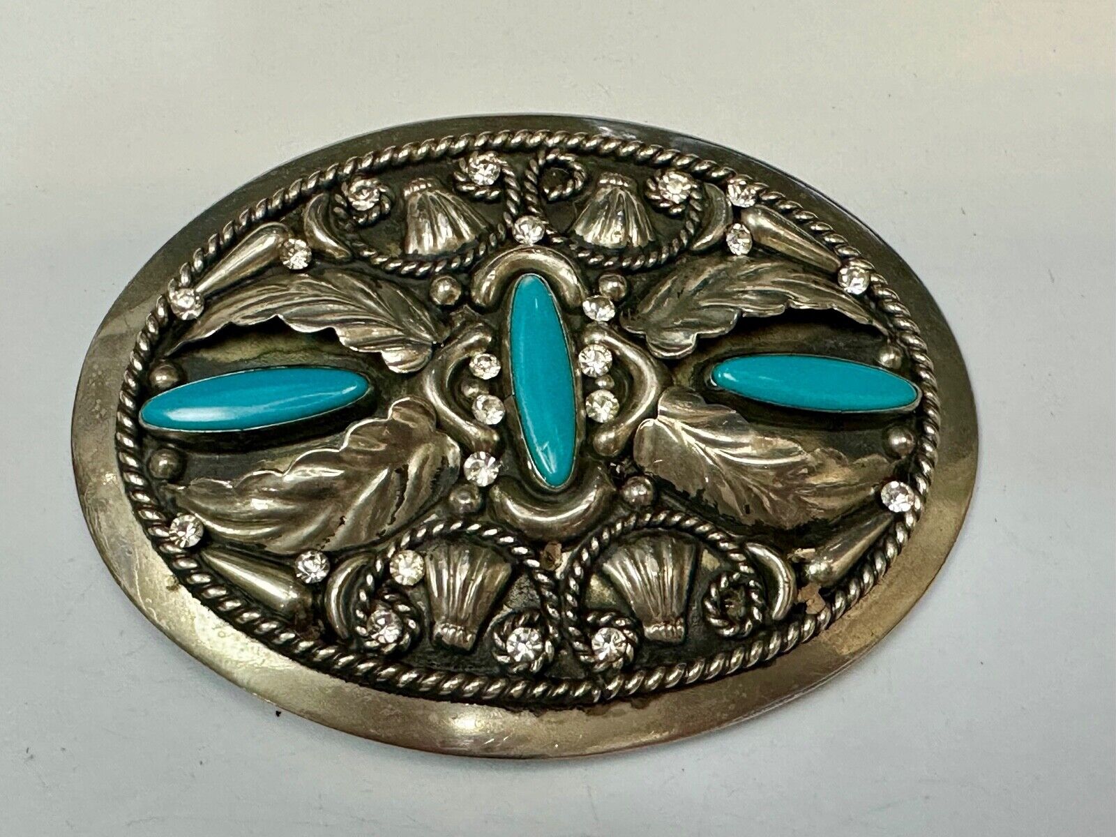 Vintage Faux Turquoise and Feather's Beautiful Alpaca Mexico Stamped Belt Buckle