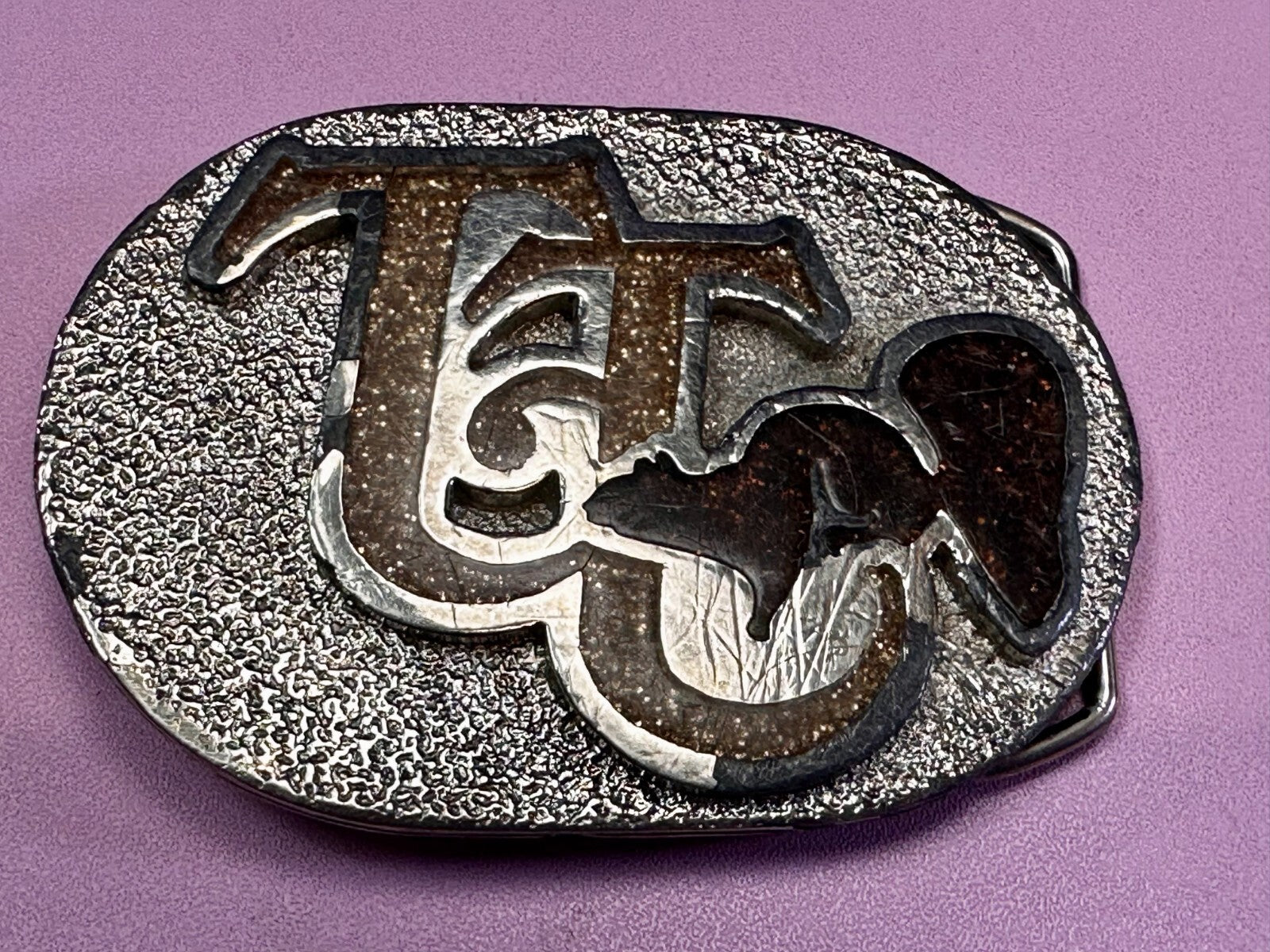 80'S  Tt Squirrel Sparky Brown Sparkle Enameled Vintage Belt Buckle 