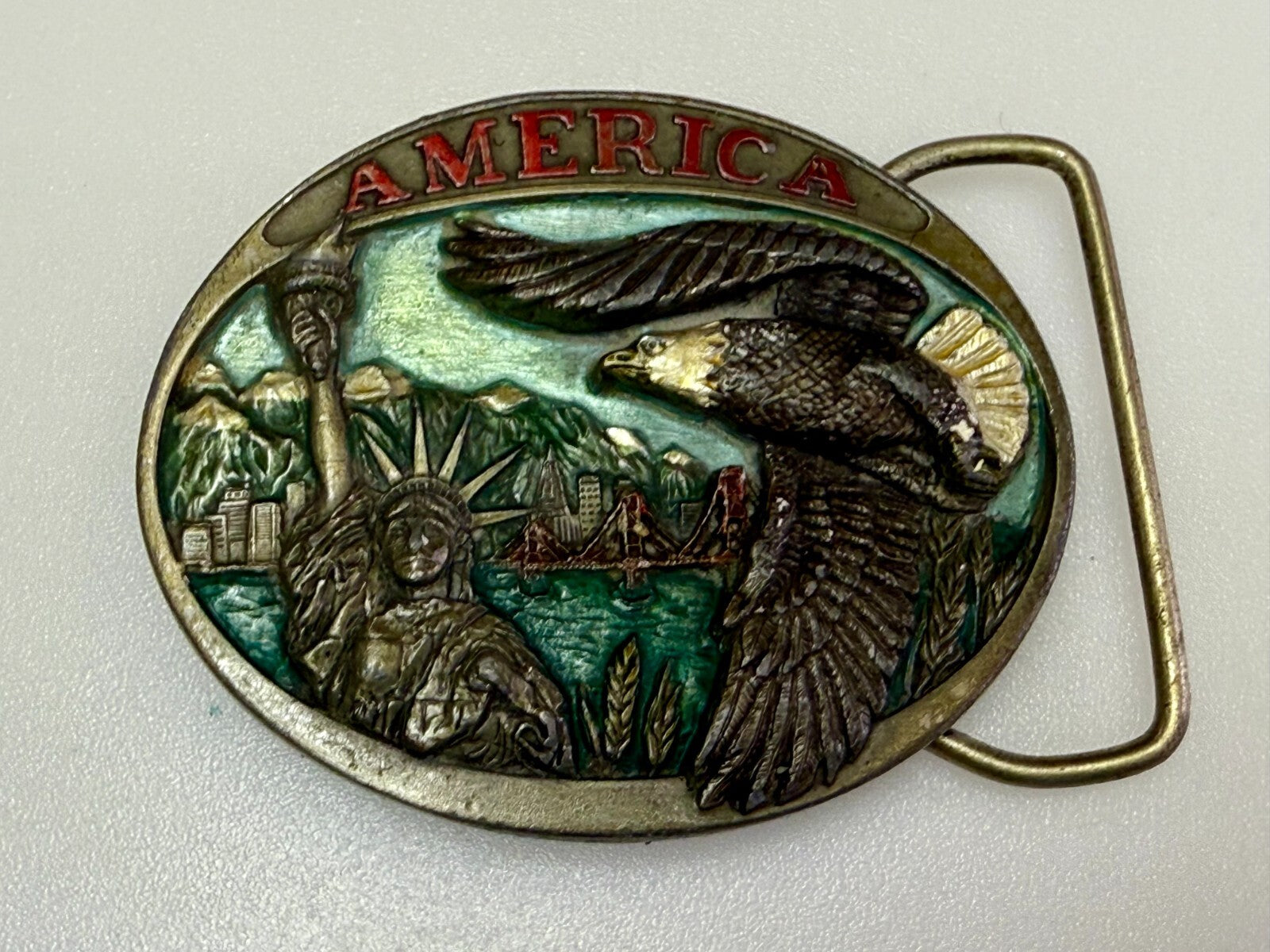 America Statue of Liberty Bald Eagle Golden State Bridge 1985 C+J Belt Buckle