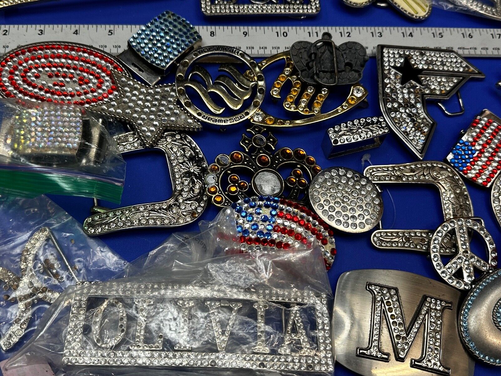 34 Bulk Lot Junk Drawer Grab Bag  to REPAIR Belt Buckle - Missing Rhinestone's