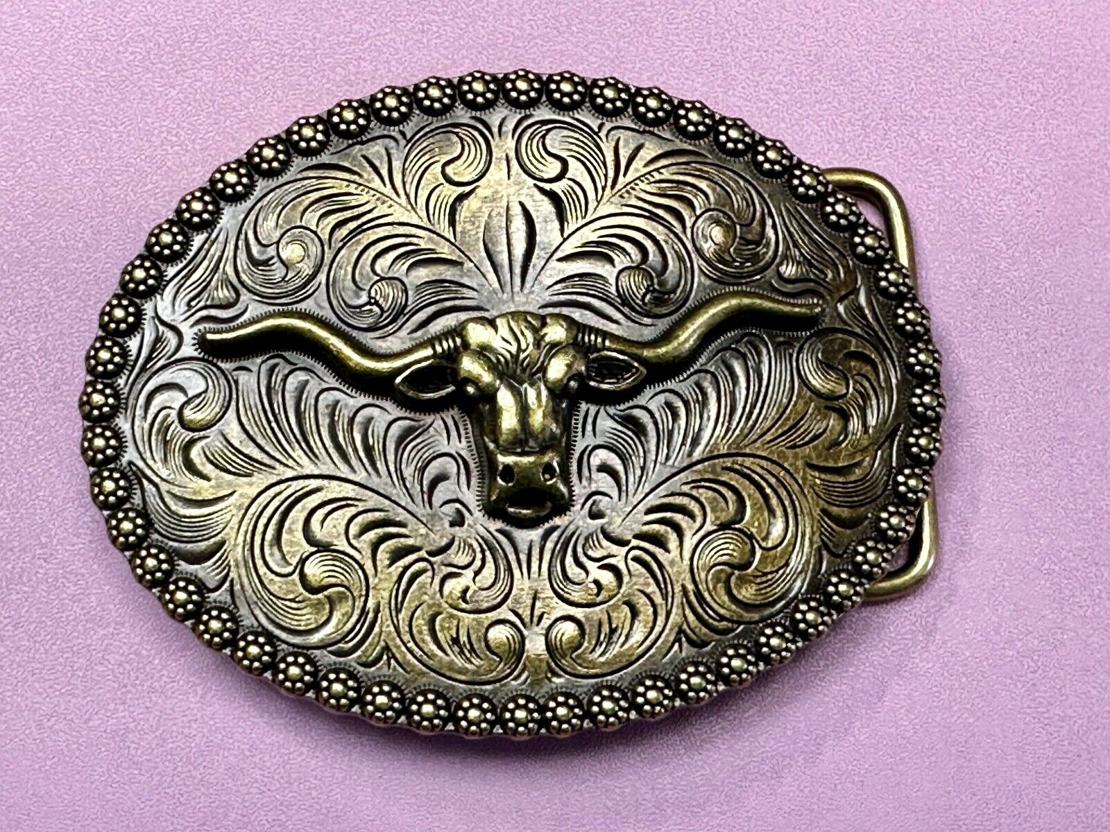 3.5" Wide Texas Longhorn Ornate Engraved Swirl Belt Buckle With Flower Boarder