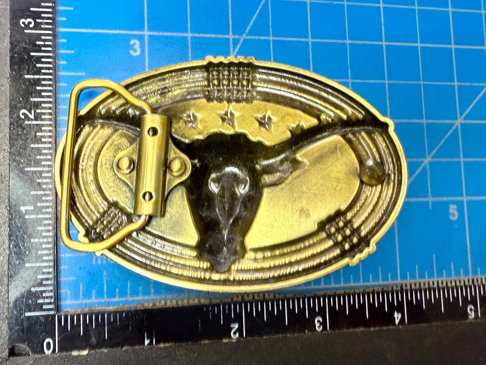 3D Longhorn Bull Head with Stars Rope Border Western Rodeo Cowboy Belt Buckle