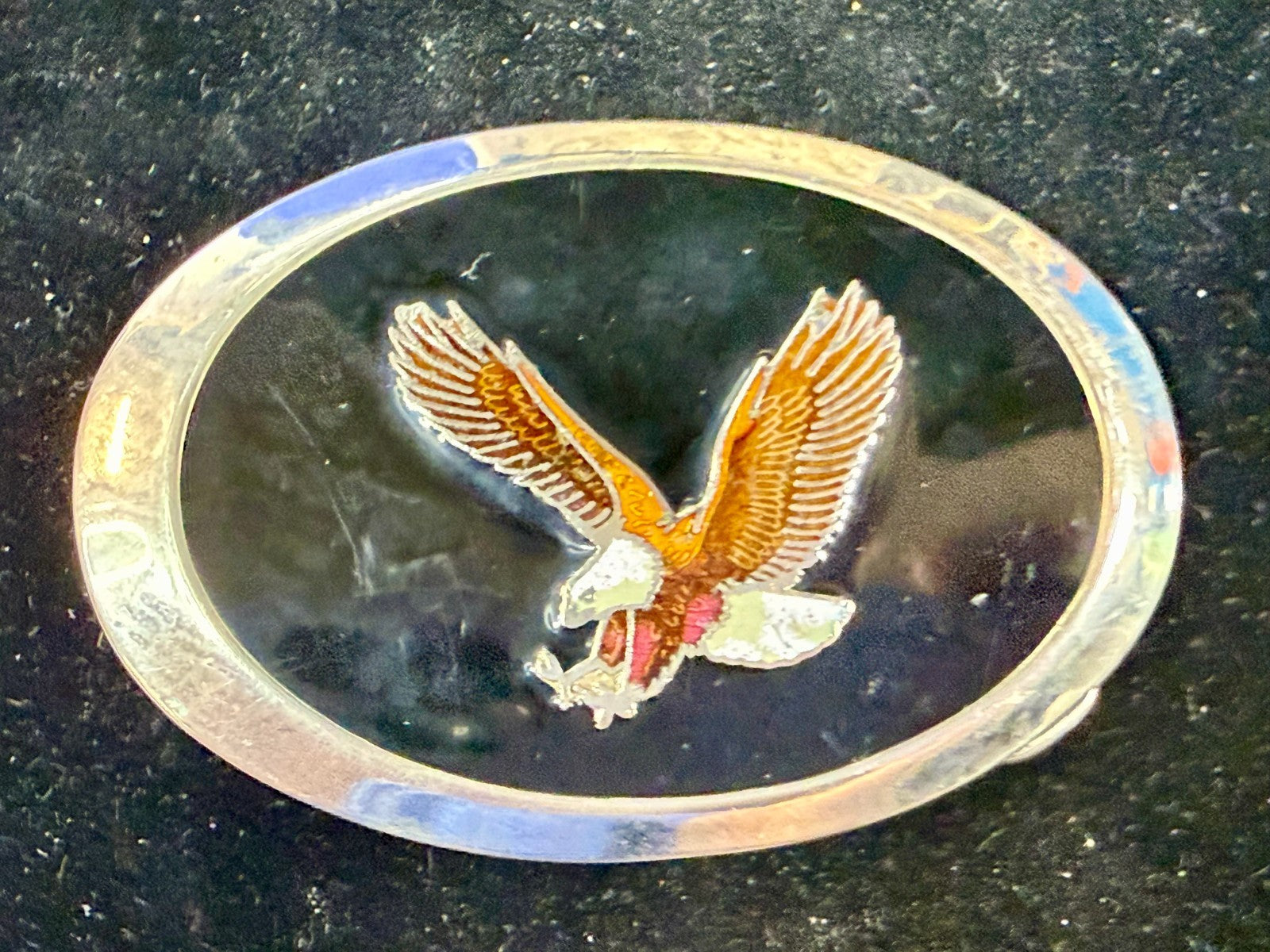 American Bald Eagle Flying Hunting Claws Black Enameled Western Oval Belt Buckle
