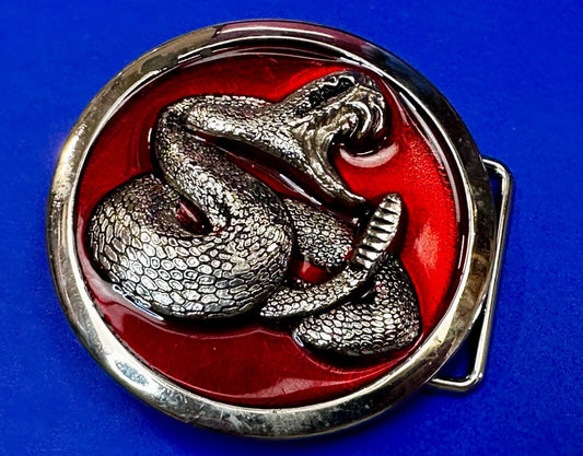 Attacking Snake with Fangs Red Enameled Round Belt Buckle Classico Italia #A246
